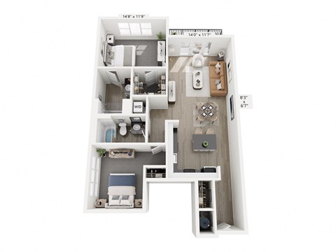 The Fusion floor plan at Contrast OTR in Cincinnati’s Over-the-Rhine is a two-bedroom, two-bath with open living, kitchen island, and in-unit laundry—ideal for vibrant downtown living near TQL Stadium